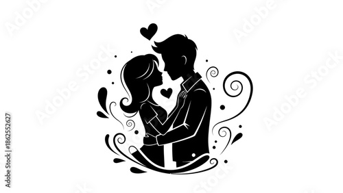 Silhouette of a loving couple embracing with hearts and decorative swirls, symbolizing romance and affection.