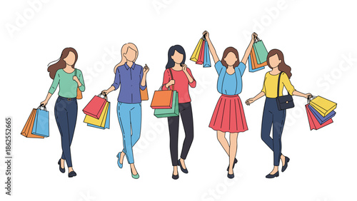 A group of five happy and stylish young women walking and talking together, carrying colorful shopping bags from a recent sale or purchase.