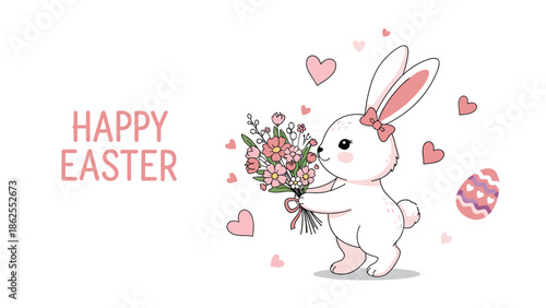 A cute Easter greeting card banner with an adorable white bunny holding a bouquet of spring flowers, surrounded by pink hearts.