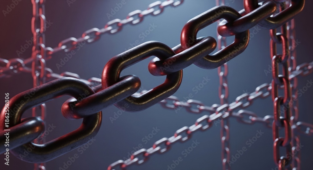 Obraz premium A close-up shot of a metal chain, blurred chains in the background with a dim, colored backdrop