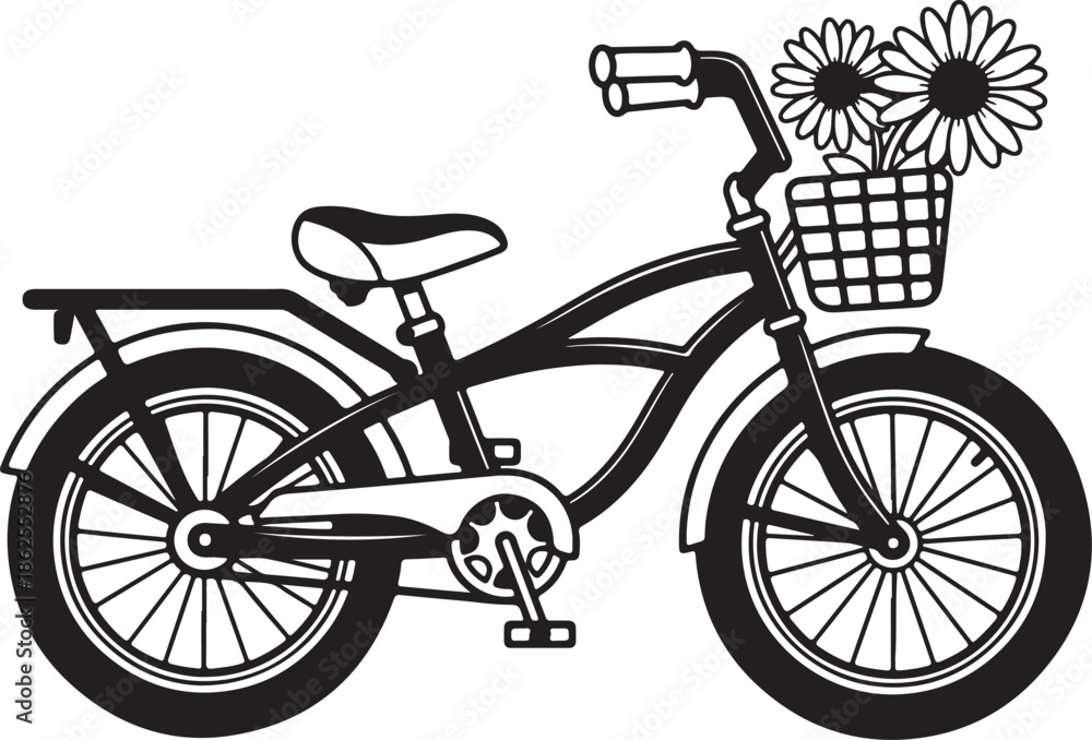 Fototapeta premium Vintage Bicycle with Flower Basket Vector Illustration. Retro Bike Cruiser Isolated on White Background.