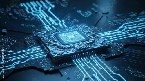 Wallpaper Mural High-Tech Microprocessor Chip with Glowing Data Pathways on Advanced Circuit Board Torontodigital.ca