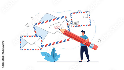 A man holding a giant red pencil writes on an airmail envelope, surrounded by letters, illustrating the concept of correspondence or mail.