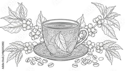A detailed black and white coloring page showing a decorative coffee cup surrounded by coffee plant branches, leaves, and roasted beans.
