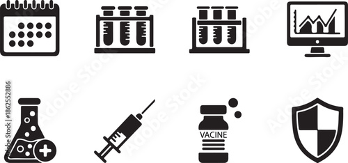 Medical Laboratory and Vaccination Icons Set. Science Research Symbols of Test Tubes, Syringe, Vaccine Bottle, and Data Analysis.