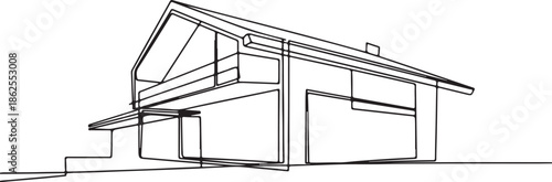 A minimalist architectural line drawing of a modern house with clean lines and simple design