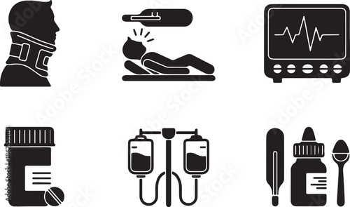 Medical and Healthcare Icons Set. Vector Silhouette Symbols of Stethoscope, Syringe, Face Mask, Heartbeat, and Wheelchair.
