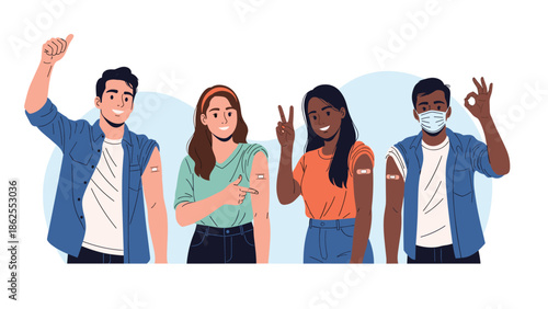 A diverse group of young people smiling and showing the bandages on their arms after receiving a vaccine, promoting vaccination.