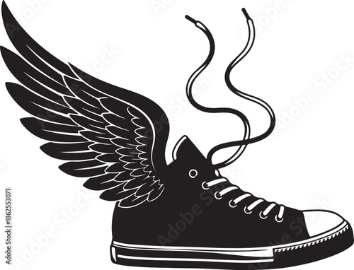 Flying Sneaker with Wings Vector Icon. Retro High-Top Shoe Silhouette Symbol of Speed and Freedom.