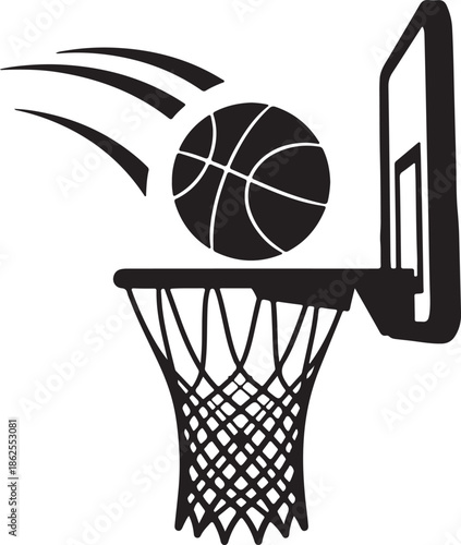 Basketball Hoop and Ball Silhouette. Sport Vector Icon of Scoring a Goal in the Net.