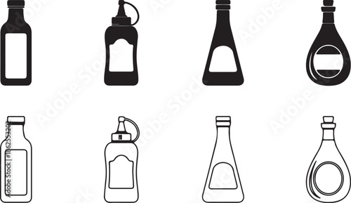 Sauce and Condiment Bottle Vector Icons Set. Silhouette and Outline Symbols for Ketchup, Mustard, Oil, and Vinegar.