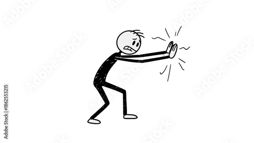 Scared Stick Figure Making Stop Gesture with Outstretched Hands, Isolated White Background