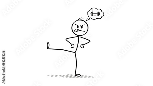 Angry Stick Figure Kicking with Thought Bubble of Dumbbell, Isolated White Background
