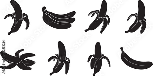 Banana Fruit Silhouette Vector Icons Set. Tropical Food Symbols including Peeled, Bunch, and Single Bananas.