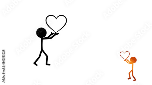 Loving Stick Figure Man Offering a Heart to a Smaller Figure, Expressing Care on an Isolated White Background