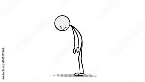 Depressed Stick Figure Man Standing with Head Down and Shoulders Slumped in Sadness on an Isolated White Background