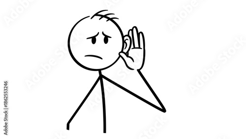 Concerned Stick Figure Man Listening Carefully with Hand Cupped to Ear on an Isolated White Background