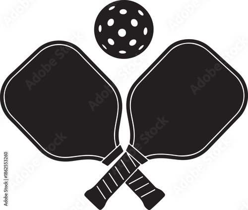 Pickleball Paddles and Ball Vector Icon. Crossed Sport Rackets and Plastic Ball Silhouette.