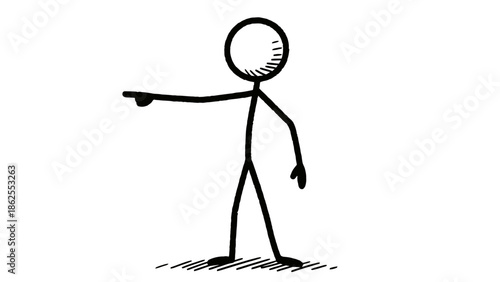 Directing Stick Figure Character Pointing Finger to the Right, Giving Instructions or Showing Direction, isolated white background.