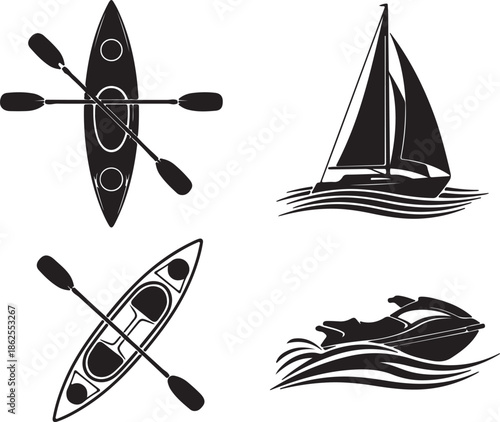 Water Sports and Boat Vector Icons Set. Silhouette Symbols of Kayak, Canoe, Sailboat, and Jet Ski.