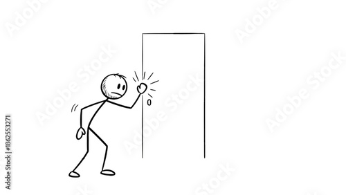 Annoyed Stick Figure Man Knocking Loudly on a Door with an Impatient Expression on an Isolated White Background