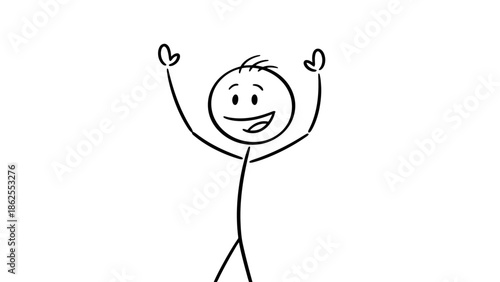 Enthusiastic Stick Figure Man Cheering with Arms Raised High in Celebration on an Isolated White Background