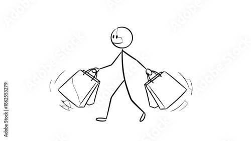 Busy Stick Figure Character Carrying Multiple Shopping Bags, Walking with Effort After a Shopping Trip, isolated white background.