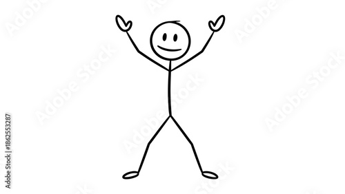 Enthusiastic Stick Figure Character with Arms Raised in Joy and Big Smile, Feeling Happy and Excited, isolated white background.