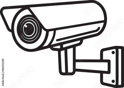 Black and white vector illustration of a mounted security surveillance camera