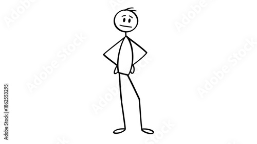 Thoughtful Stick Figure Man Standing with Hands on Hips and a Questioning Expression on an Isolated White Background