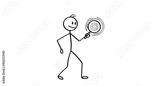 Stick Figure Man Holding Hypnotic Spiral Disc and Hypnotizing on Isolated White Background