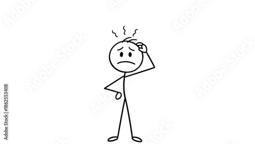 Stressed Stick Figure Man Thinking and Scratching Head with Confusion on Isolated White Background