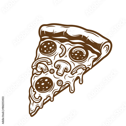 A brown illustration of a slice of pizza with mushrooms and cheese on a white background