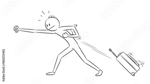 Stressed Stick Figure Man Hurrying Away and Pulling a Suitcase While Traveling on an Isolated White Background