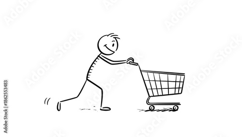 Stick Figure Man Pushing an Empty Shopping Cart with Purpose on an Isolated White Background