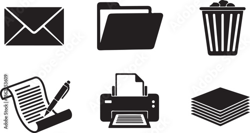 Illustration of six black silhouettes including an envelope folder trash bin document printer and paper