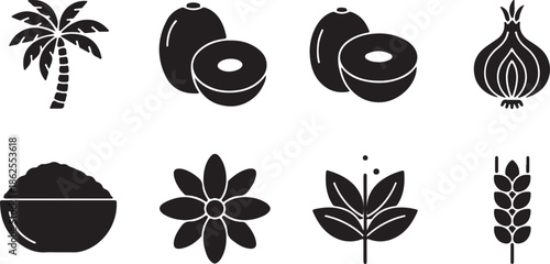 Black and white silhouette illustration of tropical fruits, vegetables, and plants isolated on white background