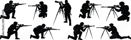Silhouettes, tactical shooter poses, rifle tripod stances, sniper training, military shooting positions, precision aiming, kneeling, standing, crouching