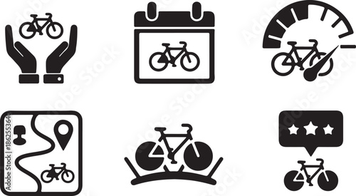 A collection of six black and white icons representing different aspects of cycling and bike riding activities and facilities