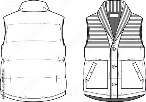 Sleeveless vest technical fashion flat, CAD vector illustration, front and back view, striped collar, flap pockets, outerwear design