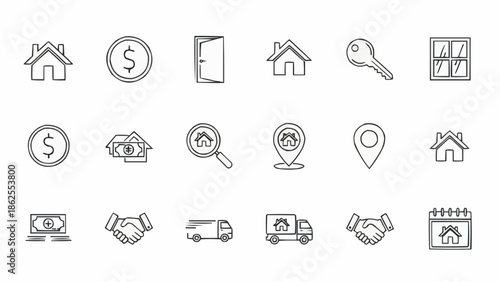 Real Estate Icons - House, Money, Door, Key, Handshake, and More.