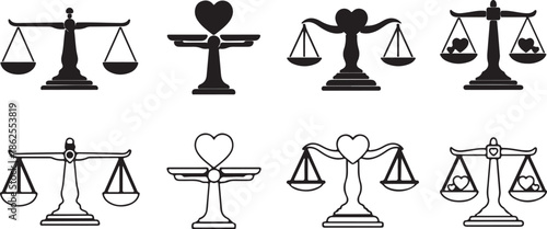 Set of balance scale silhouettes with hearts and shapes isolated on white background