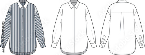 Striped Button-Up Shirt Fashion Illustration – Front Render and Technical Flats