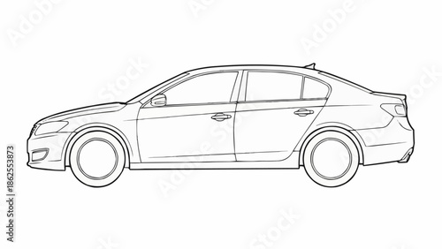 Detailed Line Art of a Modern Sedan Car.