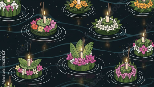 Floating candles on decorative green leaves with colorful flowers on water surface at night with decorative leaves and peaceful and serene and calm