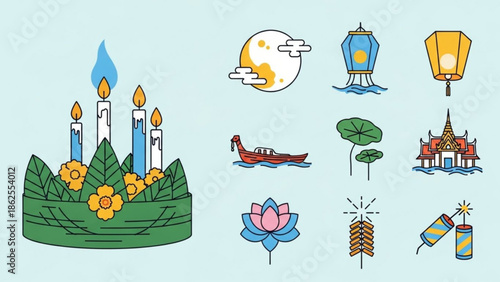 A collection of thai festival elements including candles, flowers, boats, temples, lanterns, and fireworks on a light green background with traditional