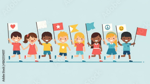 Diverse group of happy children holding colorful flags and symbols of peace love and friendship on light blue background with unity and joy and innocence