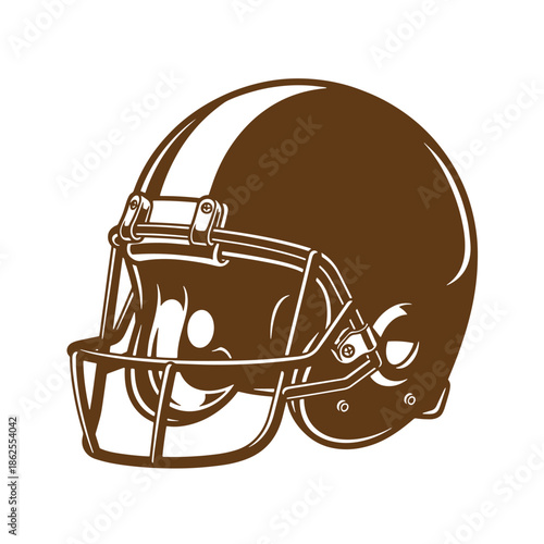 American football helmet with face guard and chin strap illustrated in brown on white background