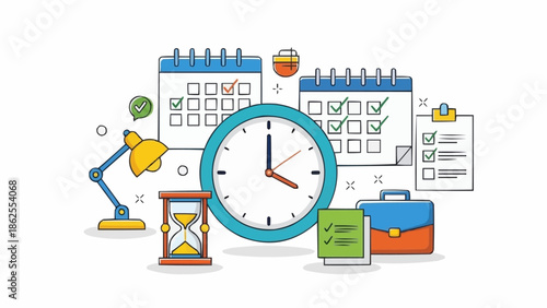 Time Management and Productivity Illustration with Clock and Calendar.