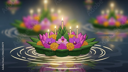 A serene and peaceful floating lantern with pink lotus flowers and lit candles on rippling water at dusk or dawn with blurred background with peaceful scene